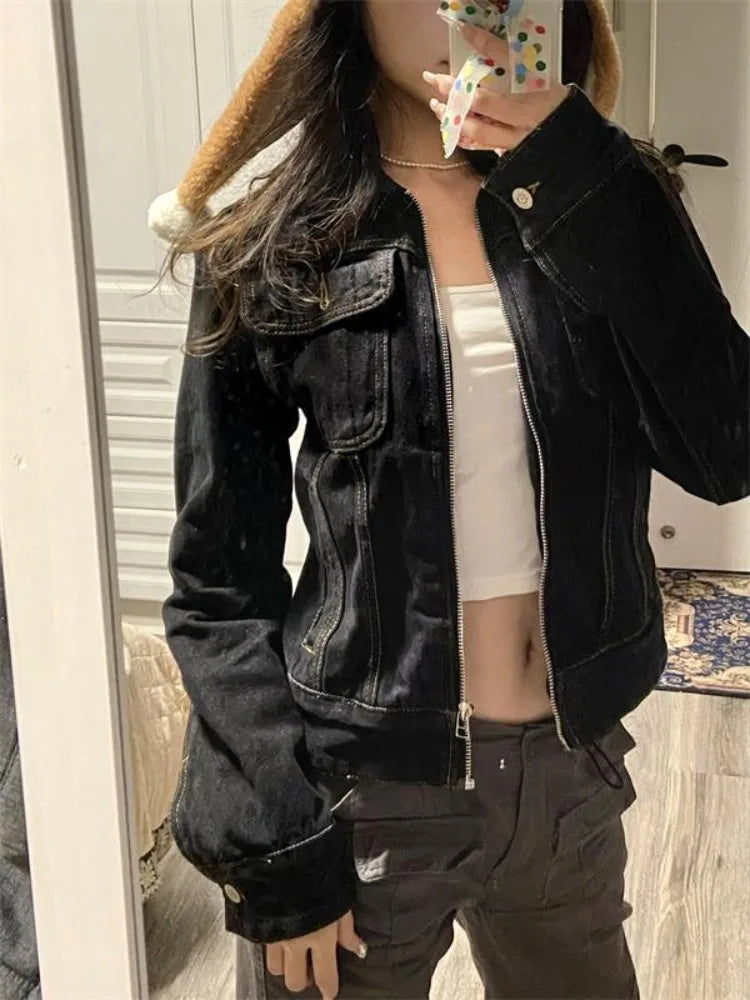 Aiertu 2024 Zipper Jeans Solid Coats Streetwear Fashion All Match Ins Chaquetas Mujer Women Turn Down Collar Punk Vintage Denim Jackets Aiertu