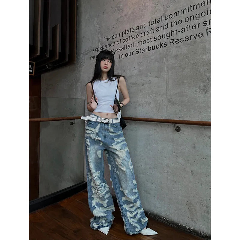 Aiertu Women's Vintage Blue Ripped Jeans Baggy Denim Trousers 2000s High Waist Korean Y2k Streetwear Female Punk Wide Leg Pants Clothes Aiertu