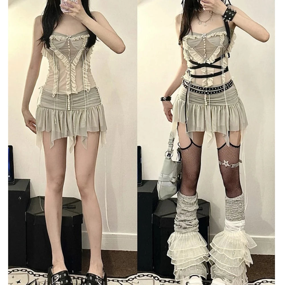 Aiertu Y2k Two Piece Set Outfit Aesthetic Fairy Grunge Mesh Irregular Short Skirt And Crop Top 2023 Summer Chic Women Matching Sets Aiertu