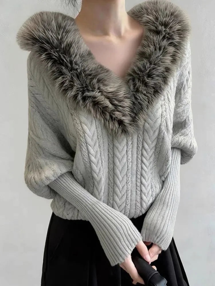 AIERTU  -  Batwing Sleeve Women Sweaters Fur Collar V Neck Vintage Warm Pullovers Korean Fashion Autumn Winter Thick Pull Femme Aiertu