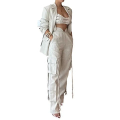 Aiertu Pocket Stitching Urban Regular Fit Linen Cargo Pants Suit Two Pieces Aiertu