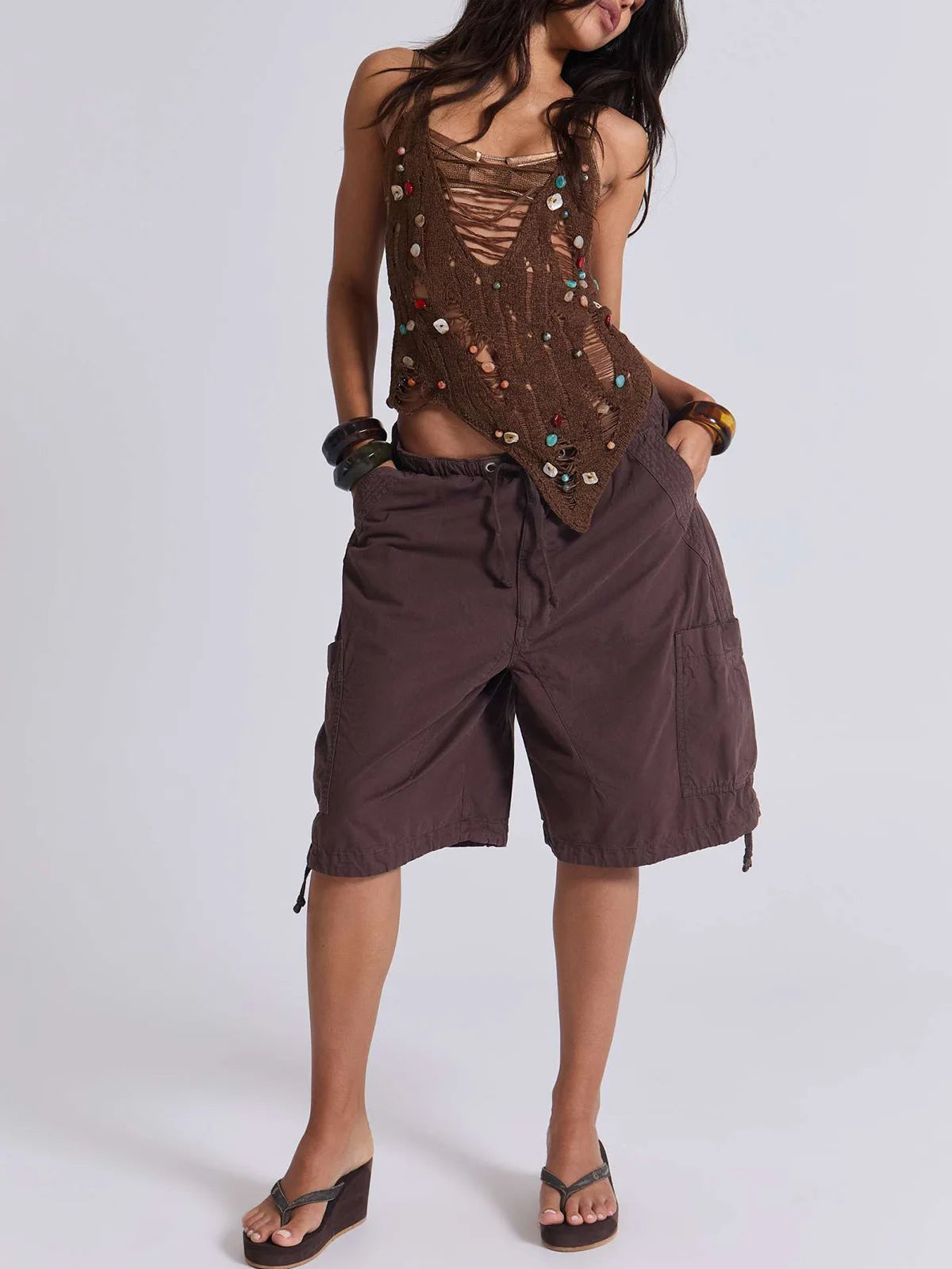 AIERTU  -  Euramerican Safari Style Drawstring Half Pants Y2k All Match Side Pockets Design Casual Women Wide Trousers Stright Short Pants Aiertu