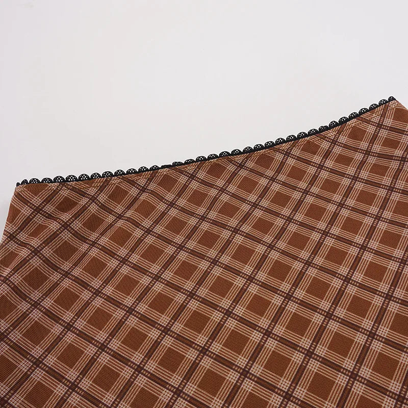 AIERTU  -  Plaid Midi Skirt High Waist Mesh A Line Skirt Brown Checkered Lace Trim Wavy Hem Vintage Streetwear Ladies Skirt Aiertu