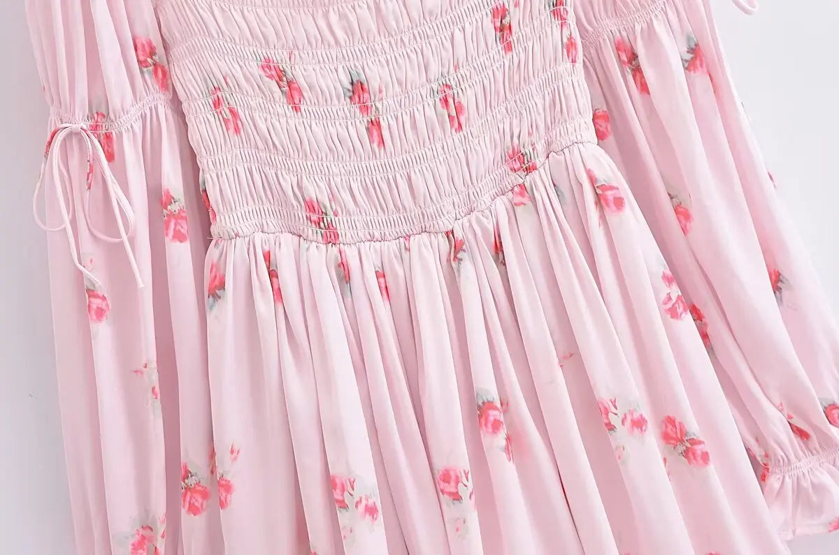 Aiertu Sweet Pink Floral Print Satin Sexy Off Shoulder Dress Women Long Sleeve Holiday Party Mini Dresses Princess Fairy Robe Aiertu
