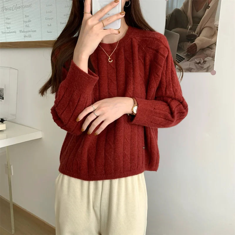 AIERTU  -  Autumn Winter New Arrival Red Crew Neck Pullover Sweater Knit Base Layer Fashion Casual Loose Versatile Women Top Aiertu