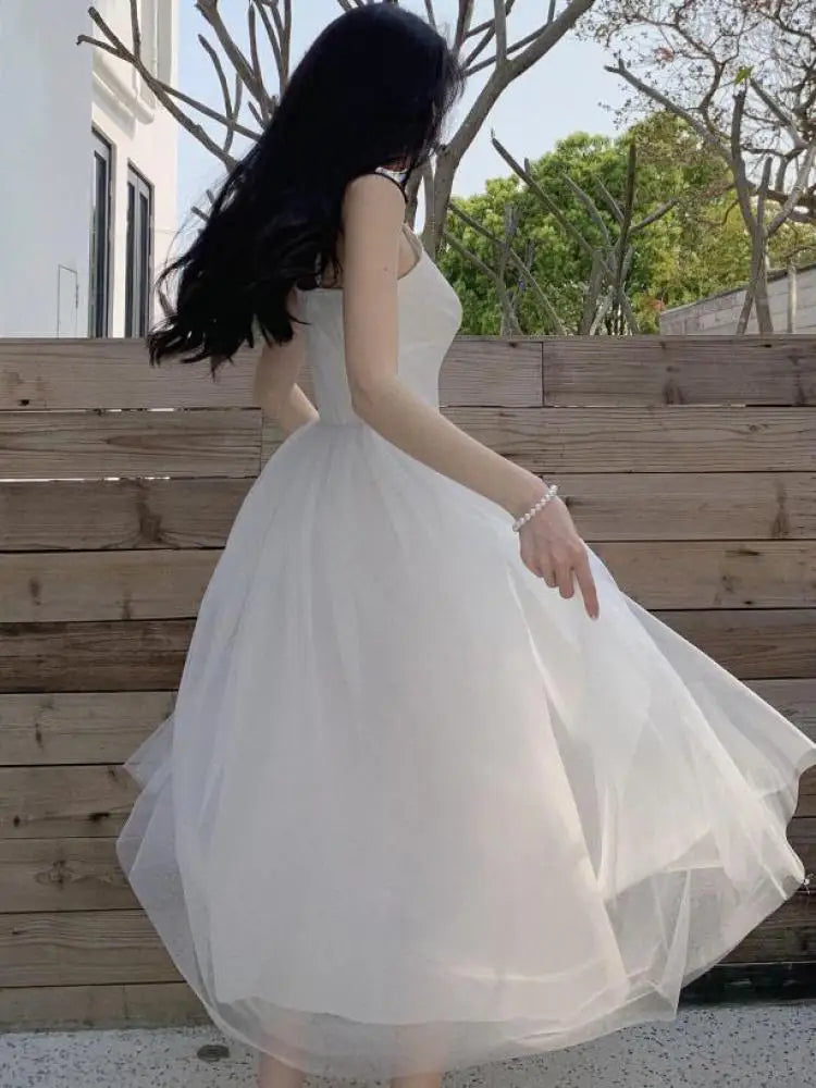 Aiertu Sleeveless Dress Women Mesh Long A-line Black Retro Elegant V Neck Fairy Sexy Pleated Sundress Summer Evening Party Ball Gown Aiertu