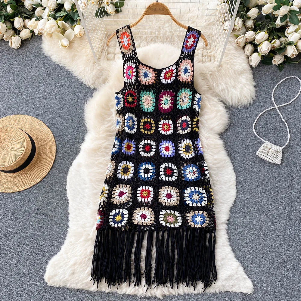 Aiertu Sunmmer Knitted Dress Hook Flower Hollow Out Tassel Women Slim Streetwear Original Design Fashion Vintage Dress Aiertu
