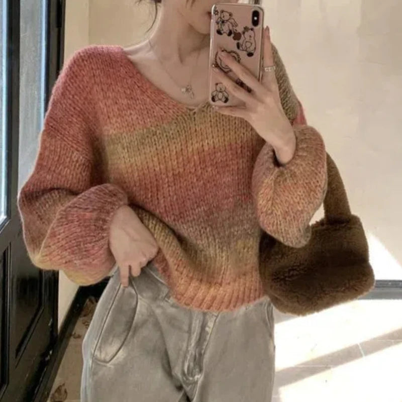 Korean Fashion Autumn/Winter Sweaters Pullovers New Women's O-Neck Printing Patchwork Trend Versatile Long Sleeve Knitted Tops Aiertu