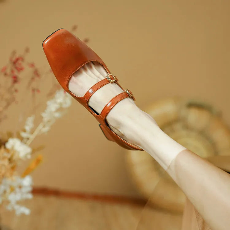 Aiertu NEW Spring Women Pumps Genuine Leather Shoes for Women Square Toe Chunky Heel Shoes Concise Mary Janes High Heel Women Shoes Aiertu