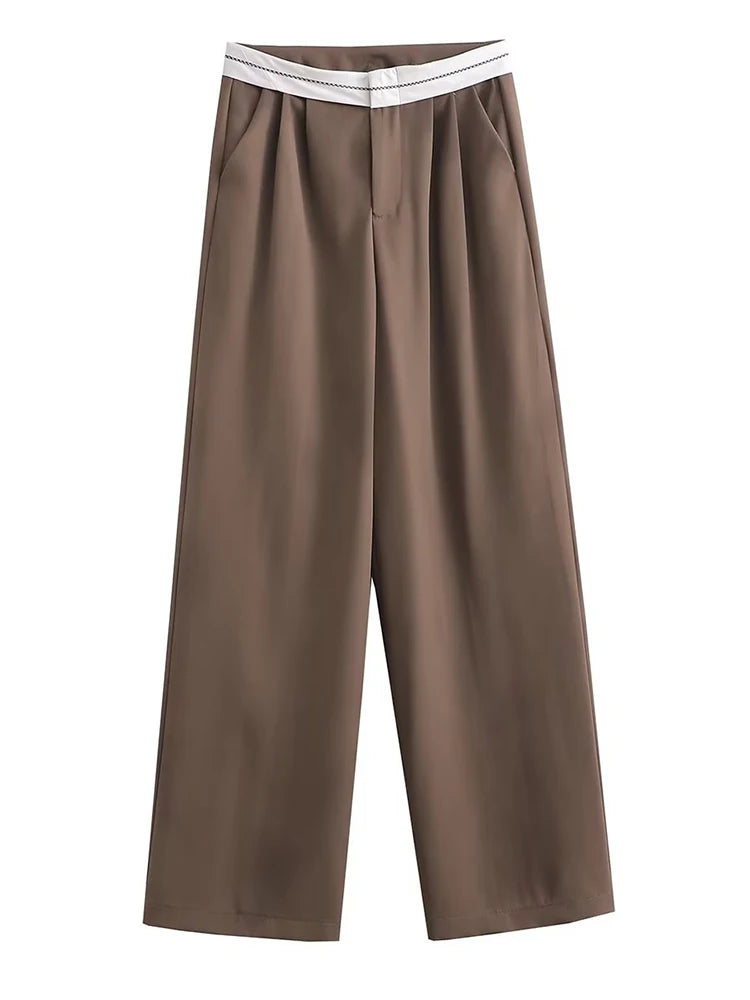 Aiertu  Women Fashion Side Pockets Patchwork Straight Pants Vintage High Waist Zipper Fly Female Casual Trousers Mujer Aiertu