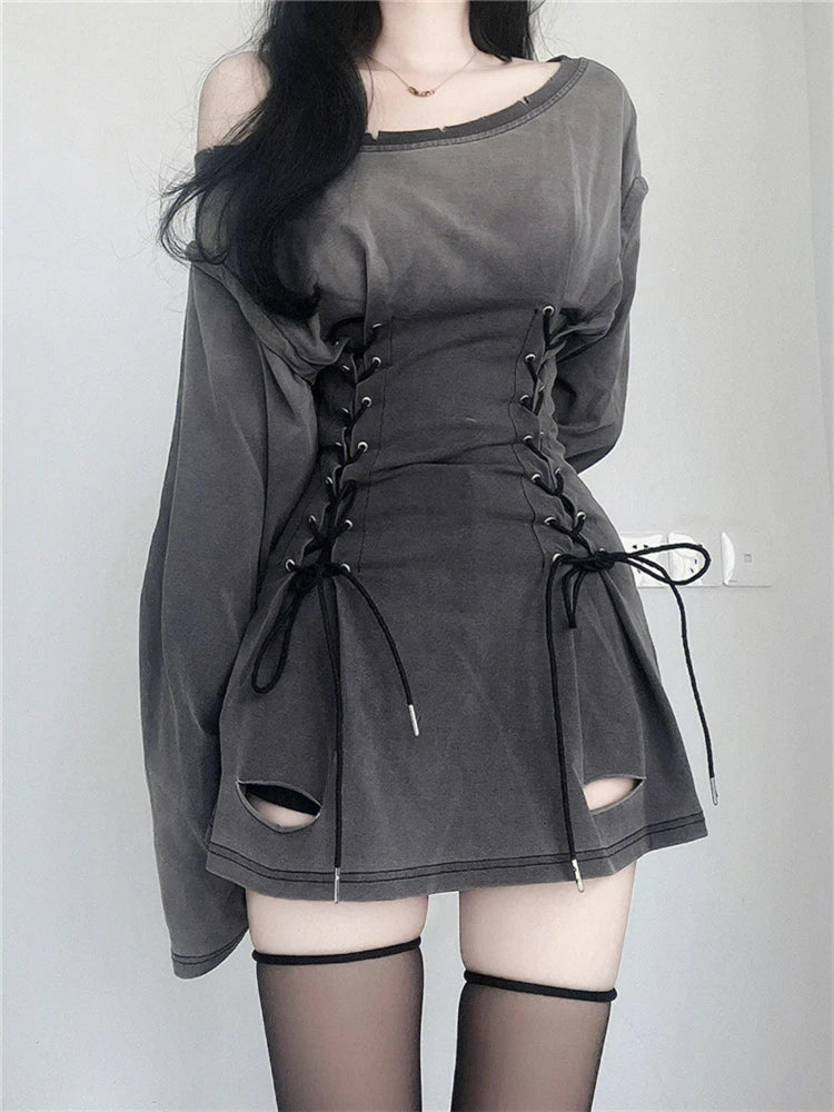 Aiertu New Fairycore Grunge Goth Corset Dress Women Aesthetic Harajuku Streetwear Bandage Slim Bodycon Dress Y2k 90s Indie Clothes Aiertu