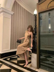 AIERTU  -  Summer French High End Fashion Evening Dress Women Sleeveless Asymmetric Collar Satin Bodycon Long Dress Elegant Chic Party Robe Aiertu