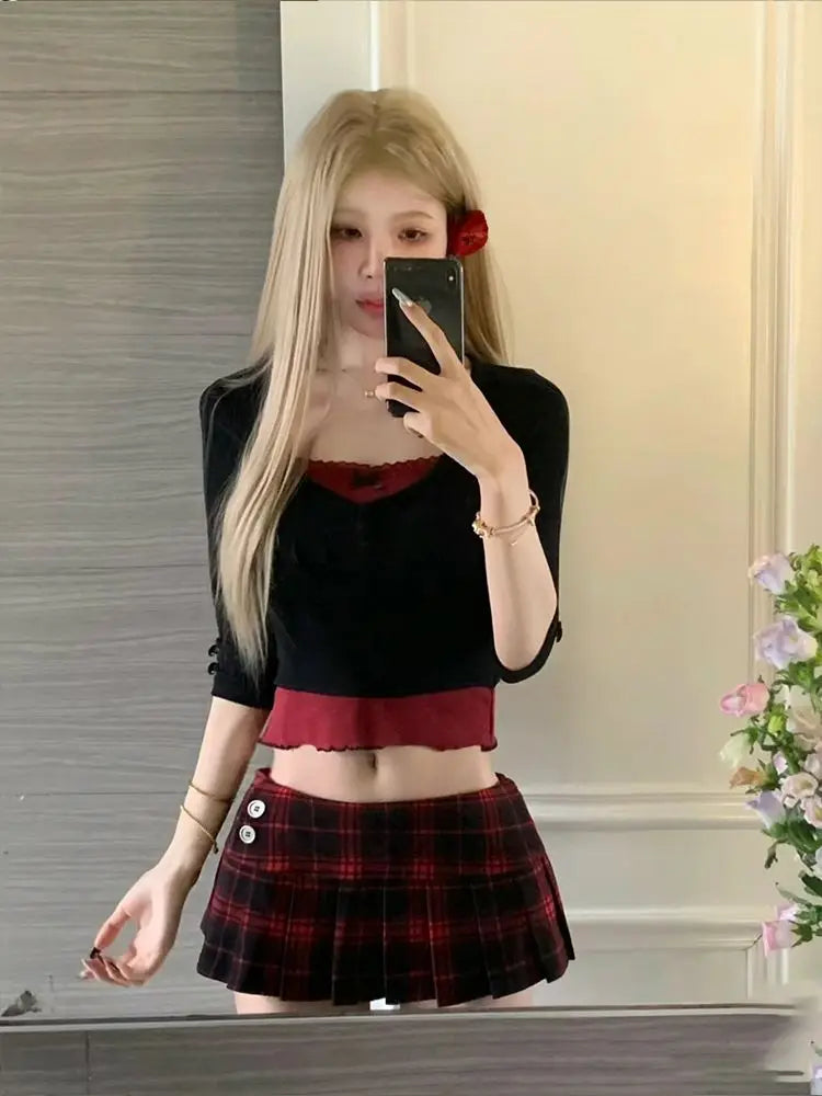 Aiertu Academy style color matching women's set short spicy two piece sets 2024 womens outifits low waisted plaid skirt sets Aiertu