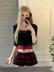 Aiertu Academy style color matching women's set short spicy two piece sets 2024 womens outifits low waisted plaid skirt sets Aiertu