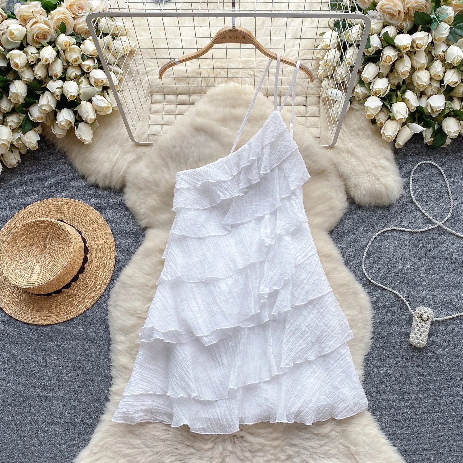 Aiertu Summer Dress Women Diagonal Collar Flounced Edge Tierred Vocation Vestidos Female Exposed Shoulders Dresses Summer Aiertu