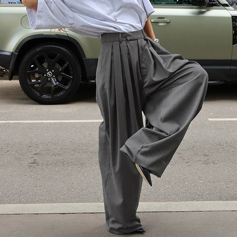 AIERTU  -  French Stylish Commuter Gray Pleated Harem Pants for Women Summer Fashion High Waist Chic Baggy Trousers with Pockets Aiertu