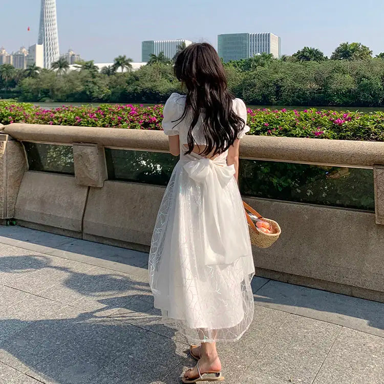 Aiertu Women Sweet Pink Puff Sleeve A-line Mini Dress Female Mesh  Square Collar Holiday Dress Shiny Girl Design Dress Aiertu