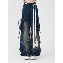 Aiertu American Retro Stars Tassels High Waist Straight Jeans Pants Women's Casual Baggy Y2K Wide Leg Grunge Streetwear Denim Trouser Aiertu