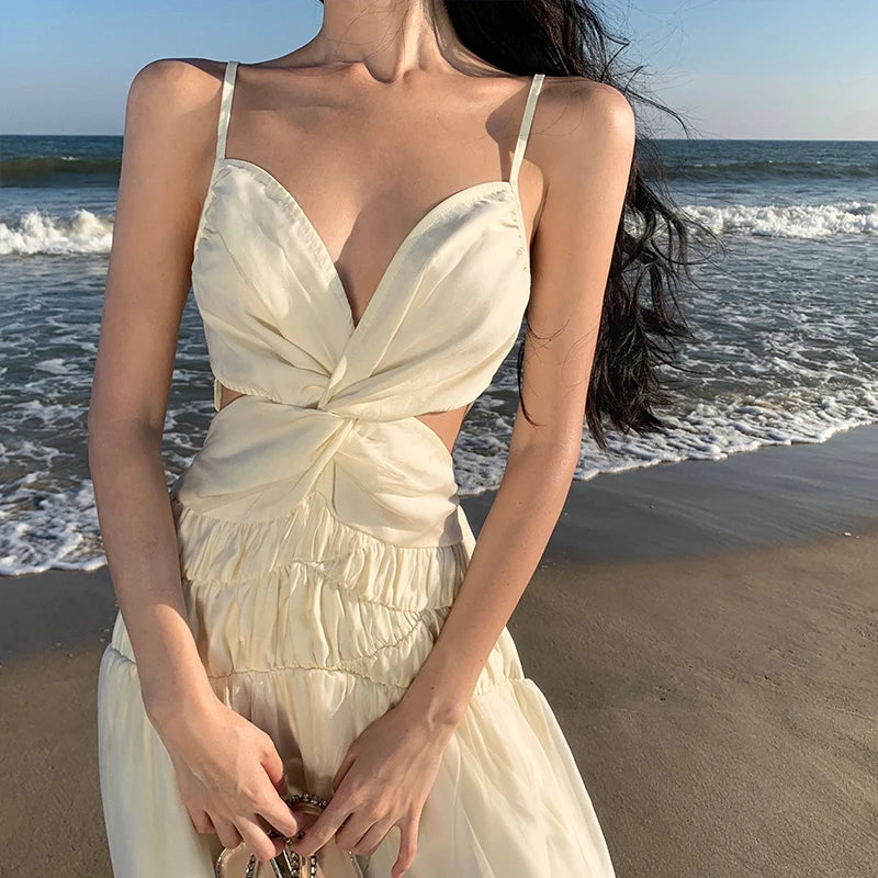 Aiertu Summer Beige Sexy Club Backless Women Elegant Pleated Slip Dress V-neck Slim Lace Up Sleeveless Evening Party Fairy Long Dresses Aiertu