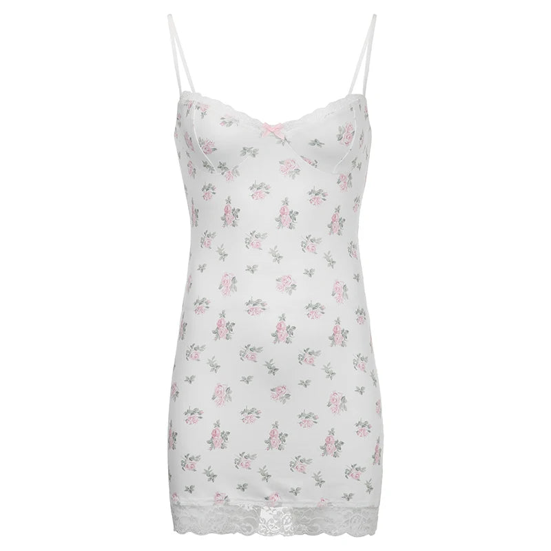 Aiertu Sweet Floral Print Strap Mini Dress Y2k Vintage Lace Stitched Sleeveless Basic Short Dresses Lady Club Party Sexy Outfits Aiertu