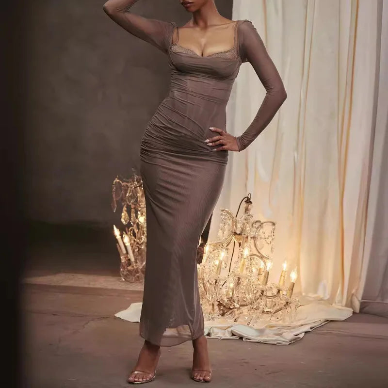 AIERTU  -  Spring Summer Fashion Long Sleeve Mesh Dress High End Slim Temperament Slit Long Dress Aiertu