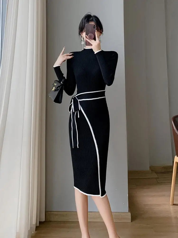 Aiertu Korean Fashion Slim Half High Neck Black White Patchwork Sweater Dress Women Elegant Slim Long Sleeve Bandage Knitted Midi Dress Aiertu
