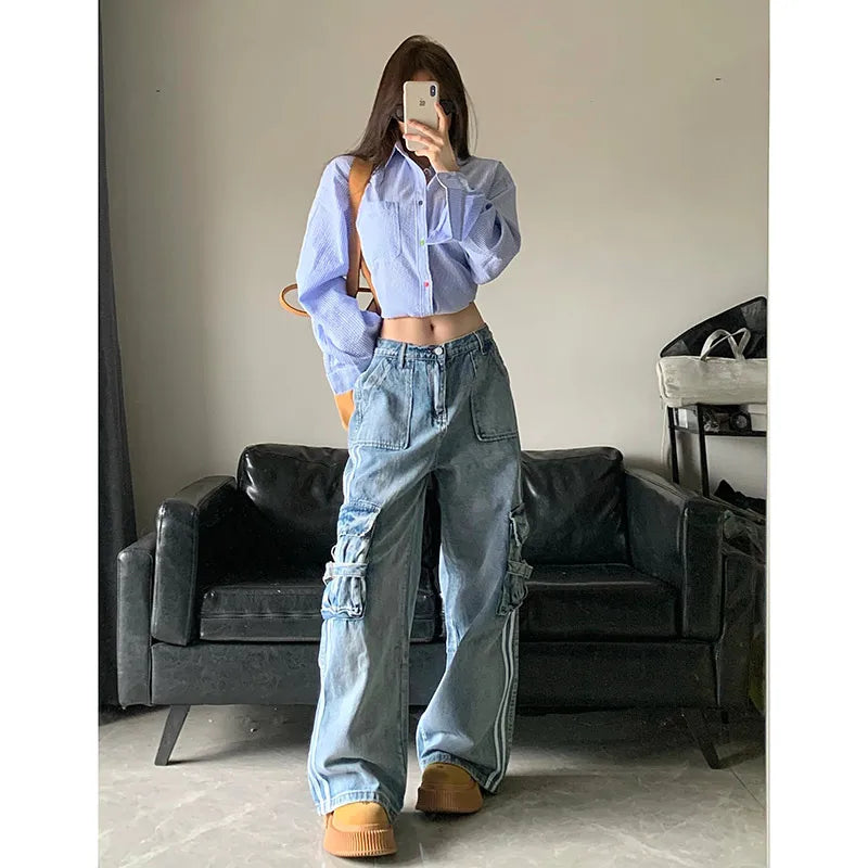 Aiertu Women's Blue Cargo Jeans Baggy Vintage High Waist Cowboy Pants Harajuku Denim Trousers 90s Y2k Japanese 2000s Style Clothes 2024 Aiertu