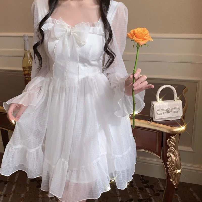 Aiertu White Kawaii Dress Women Chiffon Lolita Style Long Sleeve Mini Dresses Bow Fairy Robe Ruffles Patchwork Square Collar Aiertu