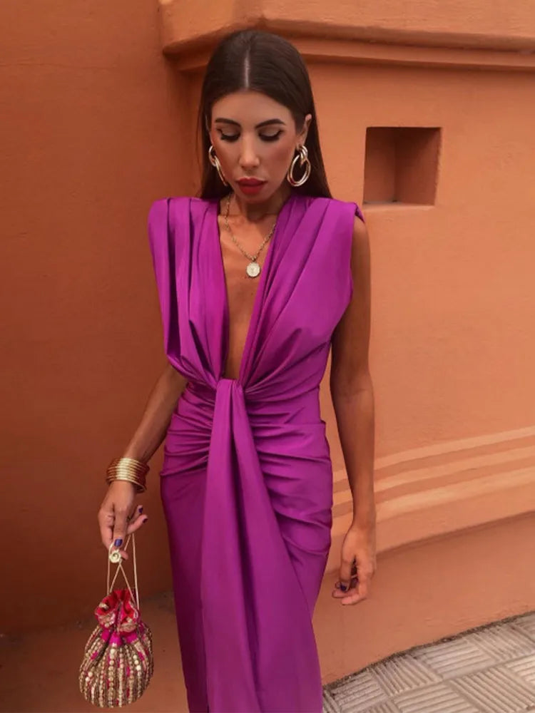 Aiertu Sexy Deep V Neck Pleated Split Dresses Women Chic Sleeveless Slim Midi Vestidos 2024 Summer Elegant Female Evening Party Robes Aiertu