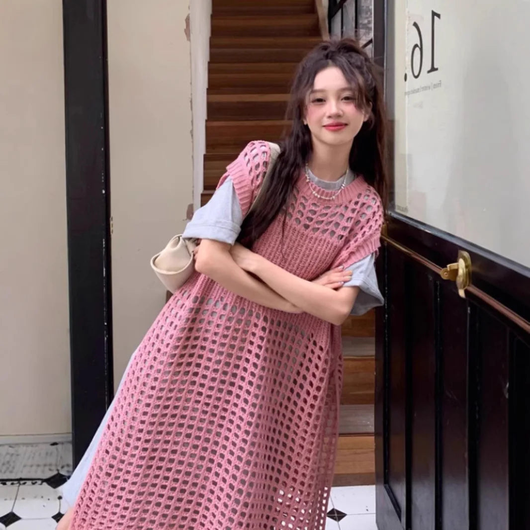 AIERTU  -  Spring New French Solid Hollow Out Knit Dress Women Mid Long Loose Sleeveless Vest Outerwear Layered Casual Midi Dress Aiertu