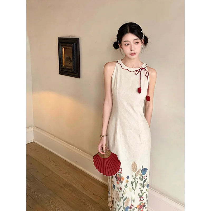 AIERTU  -  Women Dress New Chinese Style Printed Cheongsam Design Round Neck Tie Up Sleeveless Slim Fit Artistic Eetro Texture Long Dresses Aiertu