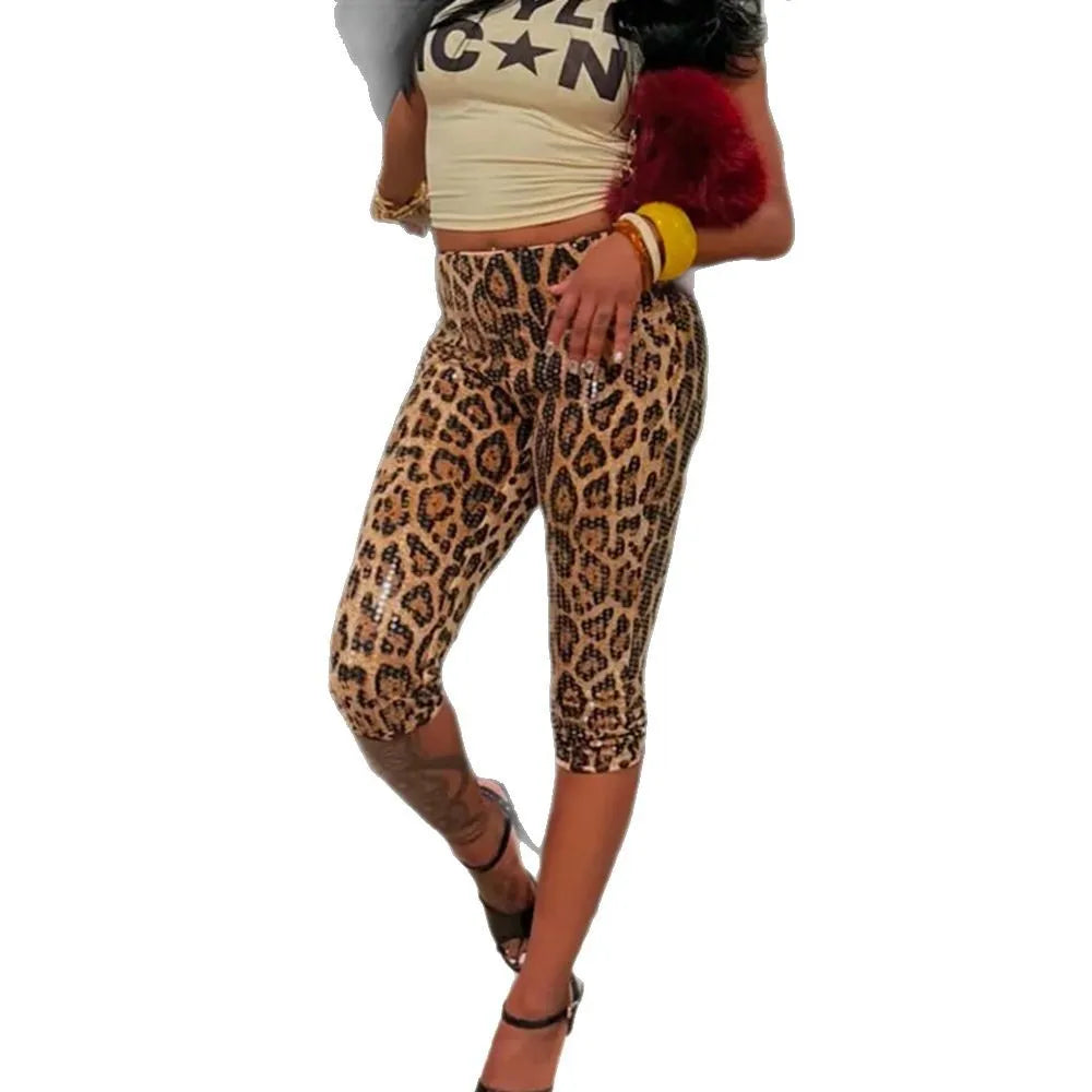 AIERTU  -  New Women Sexy Leopard Print Sequin Shorts Elastic Waist Stretch Slim Fit Hot Pants Night Club Party Streetwear Aiertu