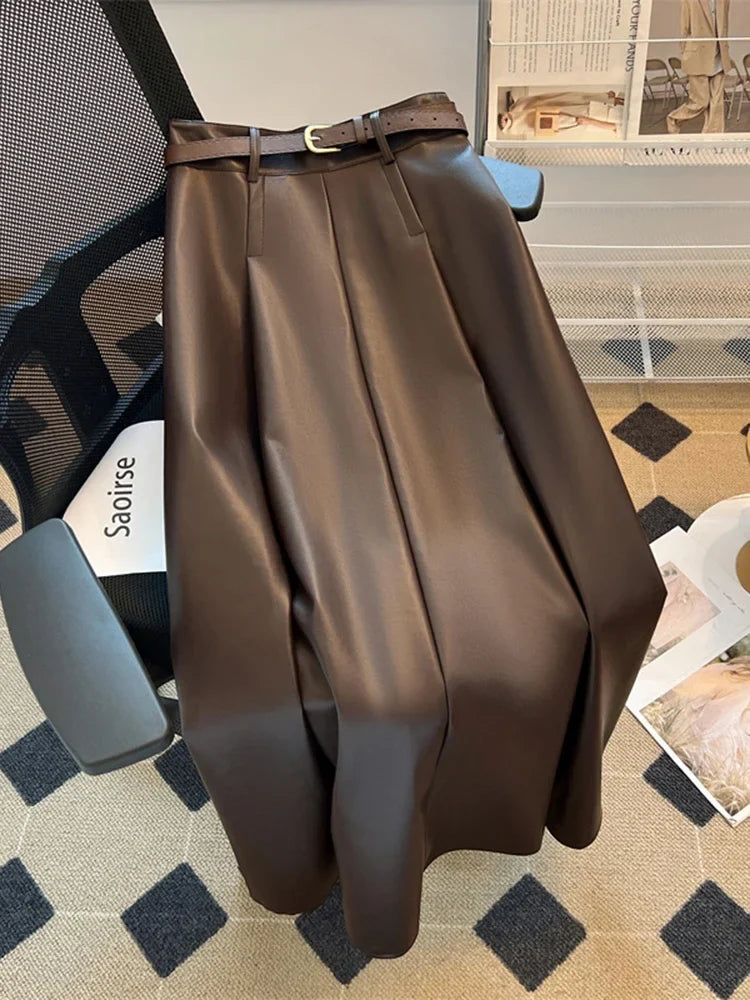 Aiertu Women's A-line Brown Pleated PU Skirt Vintage 90s Aesthetic Y2k Grey Long Skirt Harajuku Korean Skirts 2000s Clothes aiertu