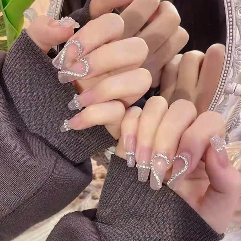 Aiertu 24Pcs Valentine Nails Press on Love Y2k Acrylic Nails Sparkle Butterfly French Cat Eye Almond Full Cover Stick on False Nail Tip Aiertu