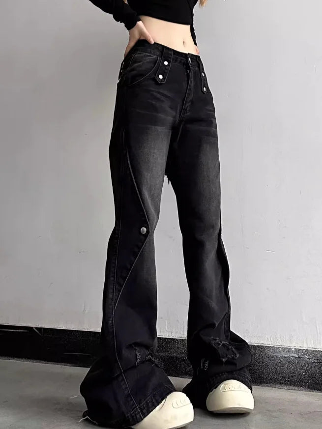 Aiertu Y2K Harajuku Wide Leg High Waist Flared Jeans Slim Ripped Pants Winter Women's Vintage Streetwear Style Denim Trouser Aiertu