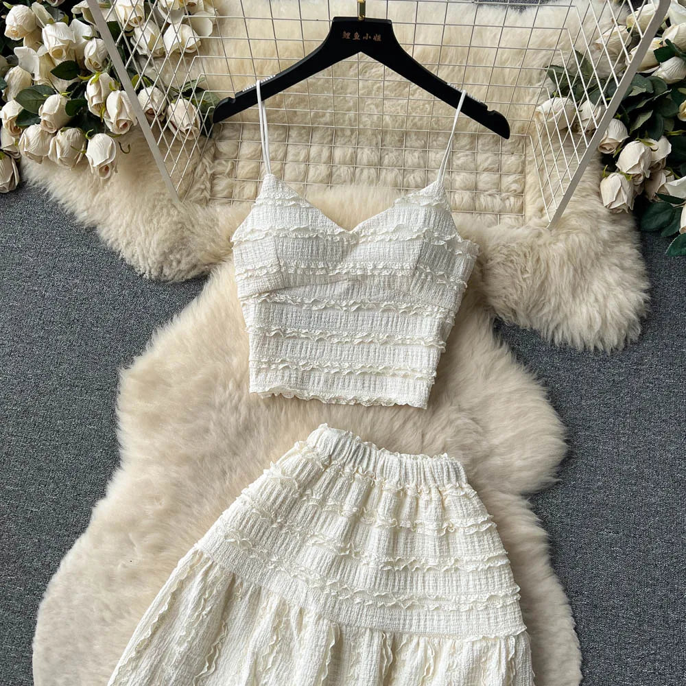 Aiertu Summer Lace Patchwork Beach Two Pieces Sets Women Sexy Camisole+A Line Long Skirt Fashion Elastic Bohemian Suits Aiertu