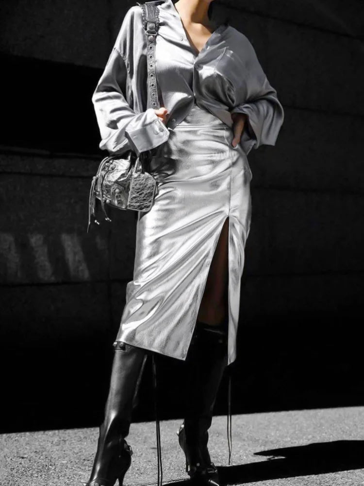 Aiertu Slit Silver Skirts Women Elegant High Waist Leather Pu Long Skirts Autumn Slim Party Sexy Straight Skirts Female Vintage Y2k Aiertu