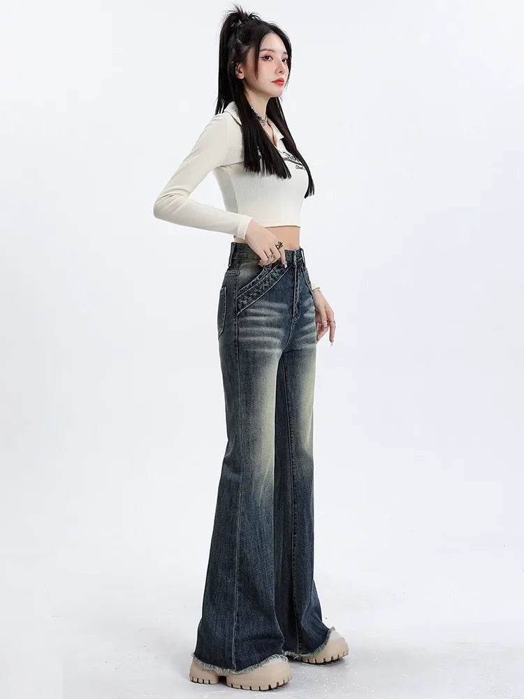 Aiertu Blue High Waist Skinny Pants Jeans Women Autumn High Street Slimming Trumpet Denim Pants Retro Extended Version Horseshoe Pants aiertu