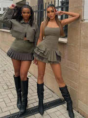 Aiertu Women's Chic Army Green Sexy Suspender Mini Dress Irregular Sleeveless Pleated Bodycon Vestidos Female 2024 New High Streetwear Aiertu