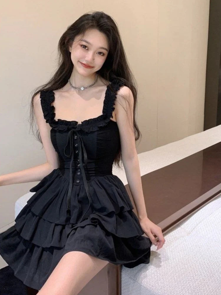 Aiertu Gothic Goth Harajuku Sexy Slip Dress Ruffles Y2k Streetwear Dark Punk Cake Dresses Party Korean Fashion  Summer Aiertu