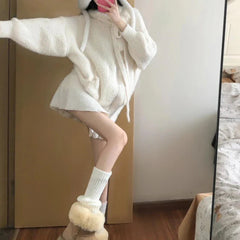 Aiertu Kawaii Sweet Knitted Cardigan Women Elegant Zip Up Hooded Cardigan Cute Japanese Style Solid Autumn Winter Sweater Coat Aiertu