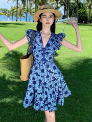 Aiertu Blue Daisy Flower Embroidery Hollow Out Dress Women Summer Flying Sleeve Lace Up Ladies Elegant Fashion Boho Holiday Mini Dress Aiertu