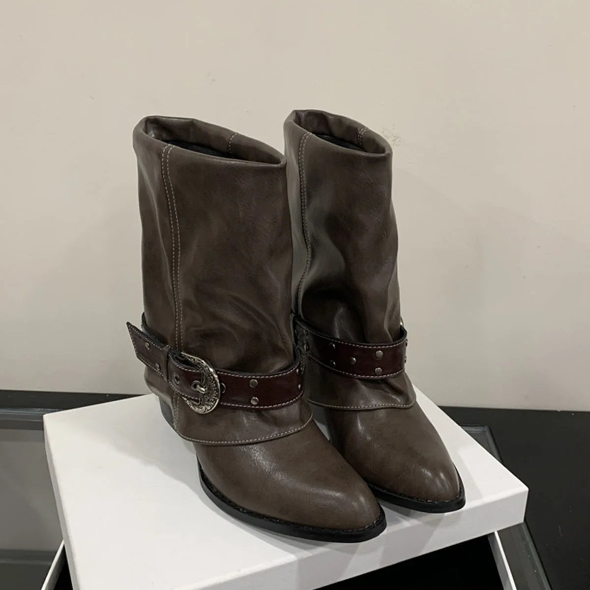 AIERTU  -  Women Western Cowboy Mid Calf Boots Vintage Pointed Toe Chunky Heel Riding Boots with Ornate Buckle Rivets Casual Ankle Boots Aiertu