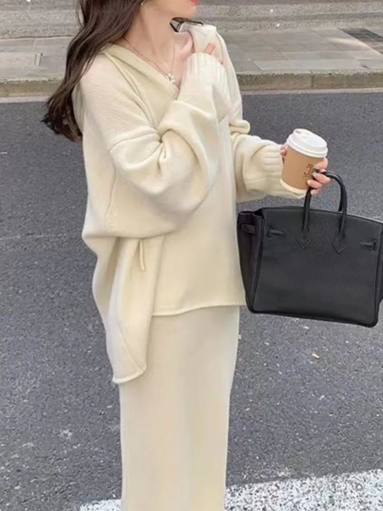 Women Knitted Sweater 2 Piece Suits Autumn Fashion Blouses Tops and Skirt Set Casual Elegant Female Hoodies Korean Outfits New Aiertu