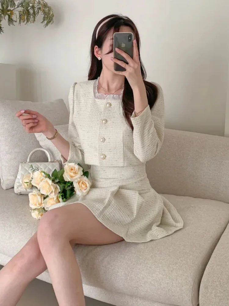 Aiertu Fashion Korea Elegant Tweed Small Fragrance Short Jacket Cropped Coats + High Waist Mini Skirts Suits Slim Women Two Piece Sets Aiertu
