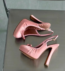 AIERTU  -  Dusty Pink Satin Round-Toe Platform Pumps Ruched Vamp Mini Bow Accent Chunky Heel Retro Style High-Fashion Daily Looks Aiertu
