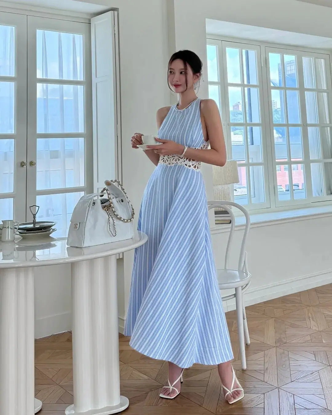 AIERTU  -  Women Dress Striped Pattern Waist Hollow Lace Splicing Backless Sleeveless Vest A-line Round Neck High Waisted Casual Long Dress Aiertu