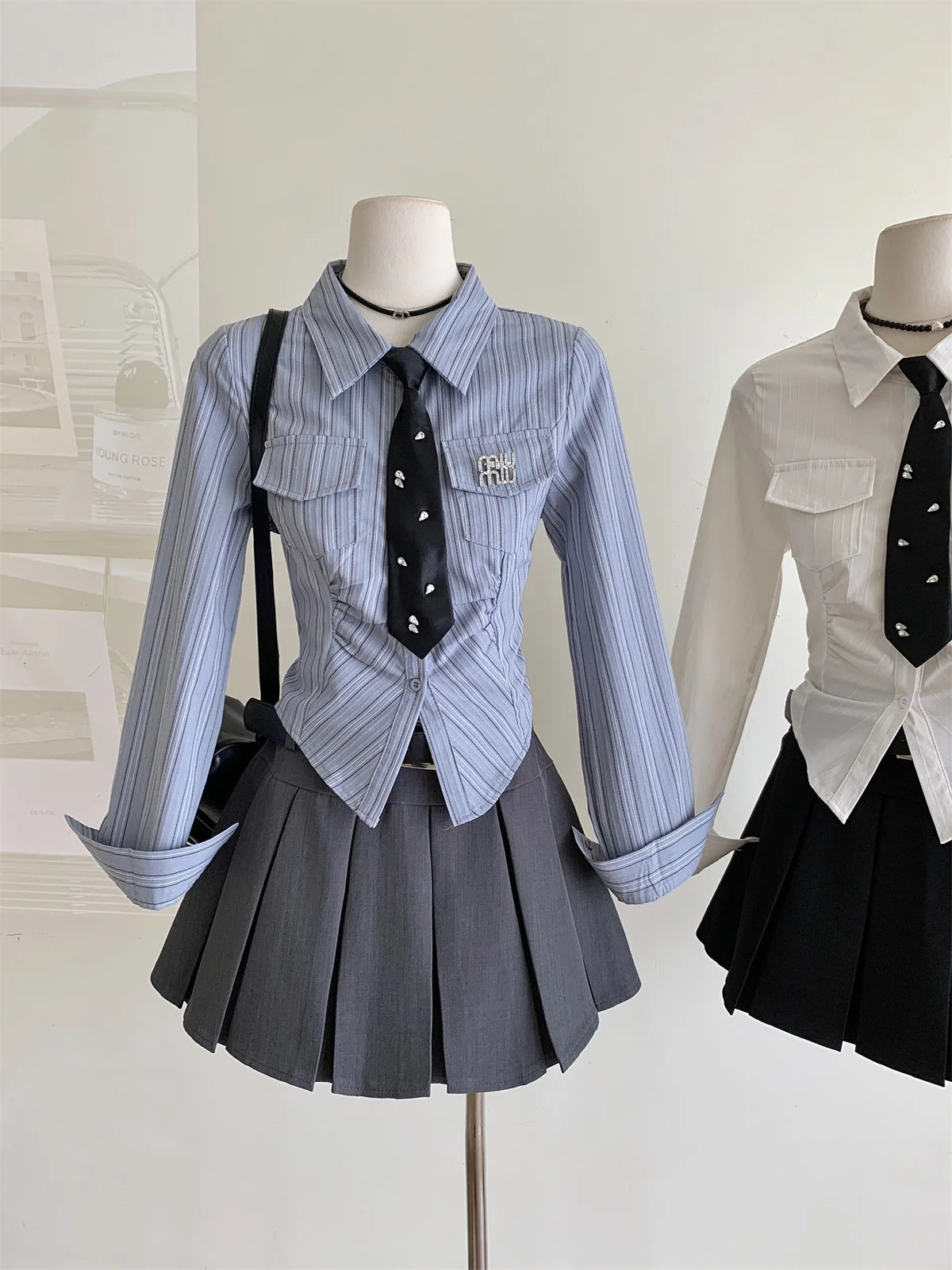 Aiertu Women JK Preppy Y2k Gyaru Kpop 2000s Outfits 2 Piece Set Long Sleeve Shirts With Tie Crop Tops + Mini Pleated Skirts With Belt Aiertu