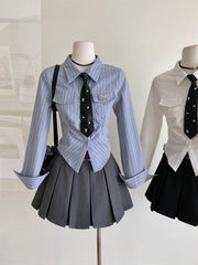 Aiertu Women JK Preppy Y2k Gyaru Kpop 2000s Outfits 2 Piece Set Long Sleeve Shirts With Tie Crop Tops + Mini Pleated Skirts With Belt Aiertu