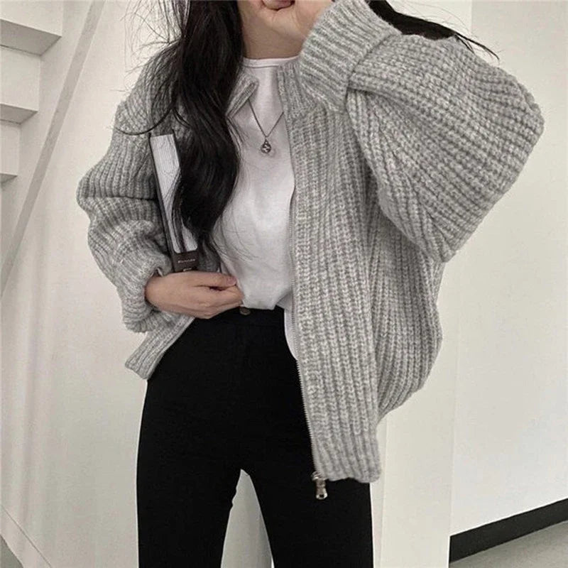 Aiertu Autumn Women's Knitted Jacket New Korean Chic Casual Sweater Coat Solid Color Zipper Thick O Neck Cardigans Women aiertu